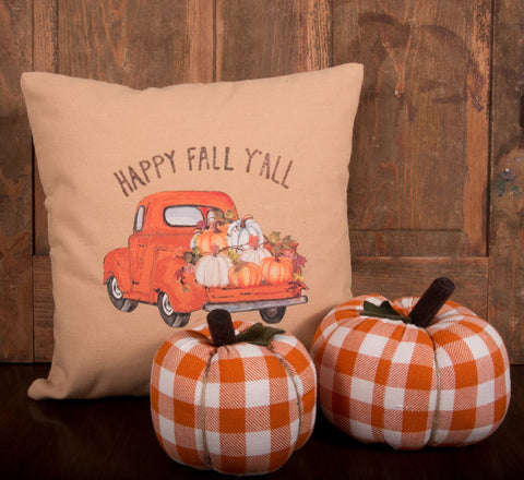 Happy Fall Y'all Pillow) is features a vintage truck hauling pumpkins.  Pair with this Towel set to complete the look!  Measures 14" x 14"
