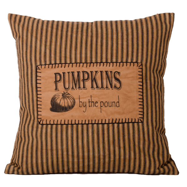 Pumpkins by the Pound Pillow, features a vintage look on a tea dyed black and tan ticking stipe.  Fall Decor.