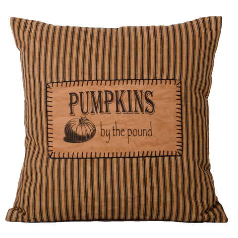 Pumpkins by the Pound Pillow, features a vintage look on a tea dyed black and tan ticking stipe.  Fall Decor.