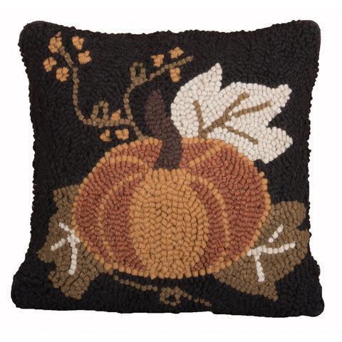 Pick a Pumpkin Black Hooked Pillow features an applique pumpkin surround with leaves and a touch of pip berries on a black background, finsihed with scalloped edges.
