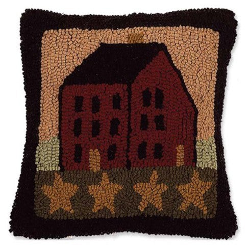 Saltbox House Hooked Wool Pillow – 14x14 Primitive Accent Pillow