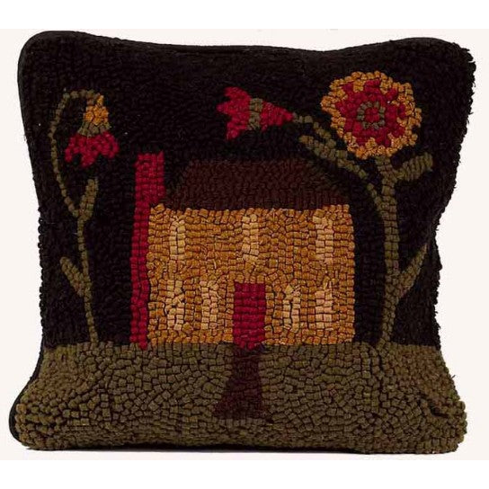 Black Homecoming pillow is made of Hooked Wool. Primitive Country Farmhouse Home Decor. Salt Box House.