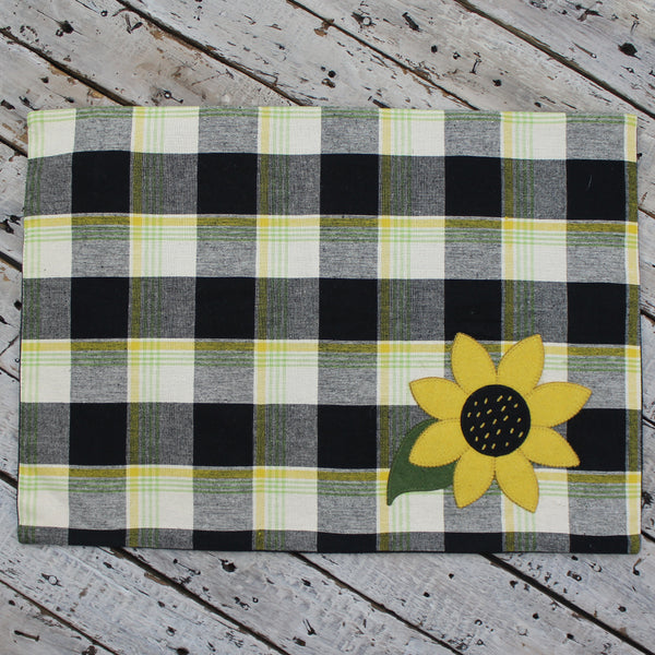 Sunflower Buffalo Check Placemat (set of 6) features an applique sunflower at in the corner on buttermilk, black, yellow and green checks.