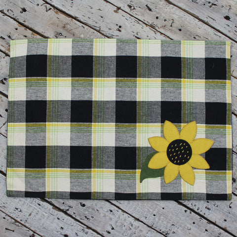 Sunflower Buffalo Check Placemat (set of 6) features an applique sunflower at in the corner on buttermilk, black, yellow and green checks.