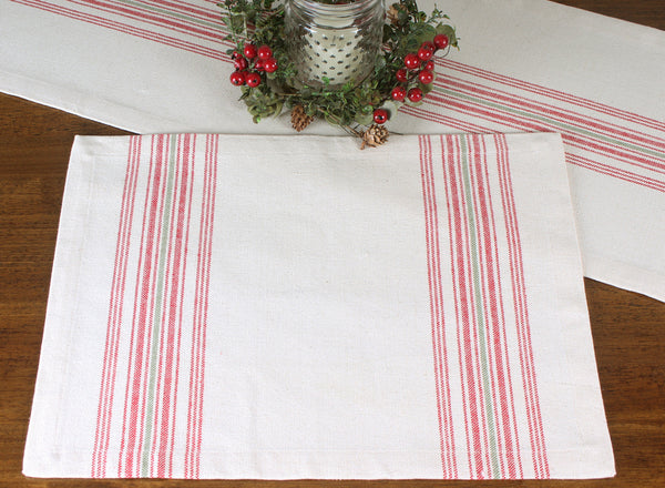 Holiday Grain Sack Placemats set of 6, bring farmhouse chic to your table with this Red and Green stripe placemat.