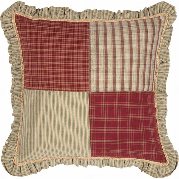 Prairie Winds Patchwork Pillow 18 in. Americana Farmhouse inspired various brick red, sage, and khaki in 4-patch block layout. Primitive Country Farmhouse Bedding Pillow Home Decor & Accessories.