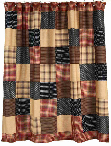 Patriotic Patch Shower Curtain navy's, red, chocolate with tan and Black accents, Primitive Country Farmhouse Americana Bathroom Home Decor & Accessories.