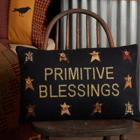 Heritage Farms Primitive Blessings Pillow 14x22 with embroidered wording, primitive stars, and button details. Perfect primitive country farmhouse accent décor.