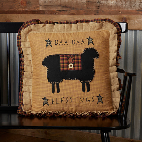 The Heritage Farms Baa Baa Blessings Pillow 18x18 adds primitive charm with ruffles, plaid, and an applique sheep design. Perfect for farmhouse or rustic decor.