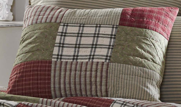 Prairie Winds Standard Sham block patchwork pattern in sage greens a brick reds using a mix of country-inspired ditsy prints, plaids and stripes. Primitive Country Farmhouse Bedding Pillow Home Decor & Accessories.