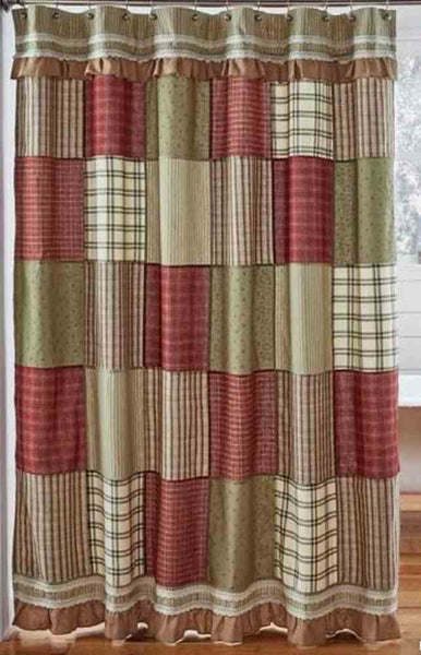 Prairie Winds Shower Curtain 72x72, Various brick red, sage, and khaki fabrics in simple block layout Top and bottom include a natural burlap ruffle and creme lace rows of detail. Primitive Country Farmhouse Shower Bath Bathroom Decor.