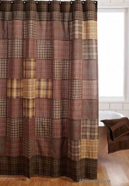 Prescott Shower Curtain, "trip around the world" pattern in collection colors of browns, tans and neutrals. Primitive Country Farmhouse Bathroom Home Decor & Accessories.