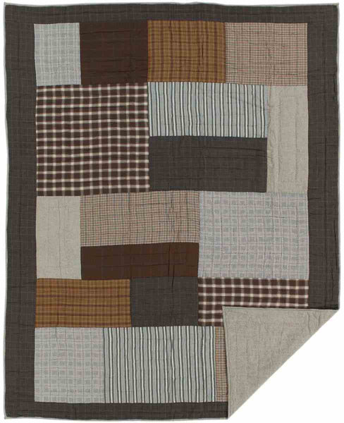 Rory Twin Quilt 68Wx86L, rregular block layout and an outer border in black and tan herringbone windowpane plaid. Primitive Country Farmhouse Quilted Bedding Home Decor.