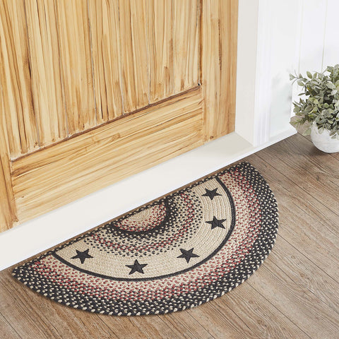Colonial Star Jute Rug Half Circle w/ Pad 16.5x33, woven braids of Natural, Country Black, Bright Red with applique stars. Visit website for FREE s/h & discount offers. Primitive Country Farmhouse Home Decor.