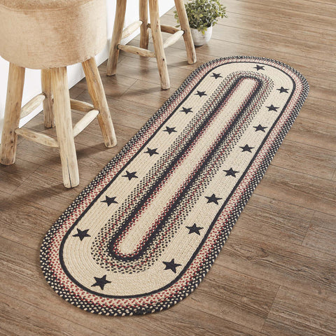 Colonial Star Jute Rug/Runner Oval w/ Pad 22x72, woven in brands of Natural, Country Black, Bright Red and adorned with black applique stars. Visit website for FREE s/h & discount offers. Primitive Country Farmhouse Home Decor.