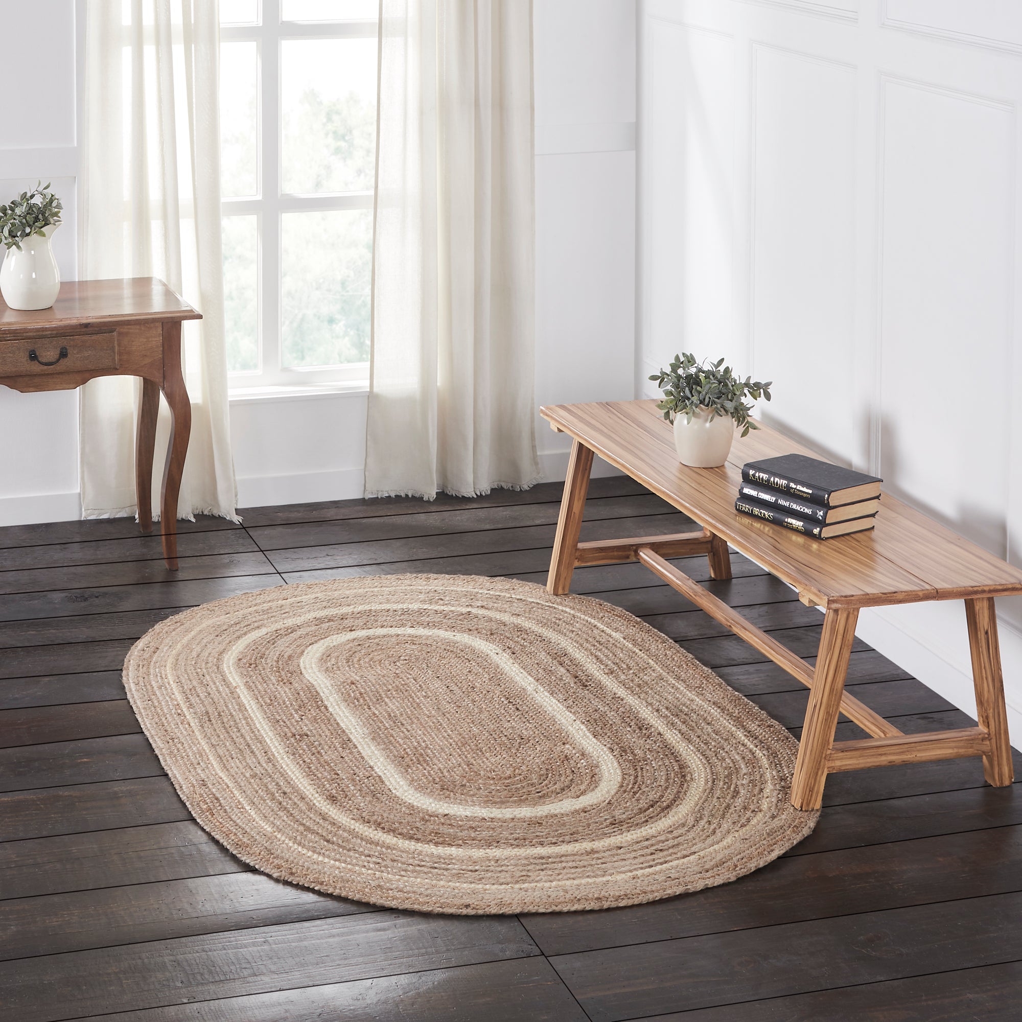 Natural & Creme Jute Rug Oval w/ Pad 48x72 - Allysons Place
