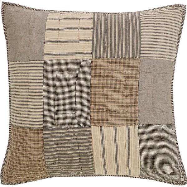 Sawyer Mill Charcoal Quilted Euro Sham 26x26, charcoal grey, khaki, and creme fabrics. Primitive Country Farmhouse Bedding Home Decor.