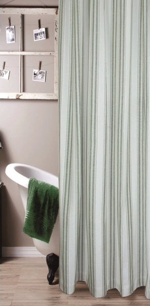 Grain Sack Stripe Sage Shower Curtain has warm ivory tones and sage stripe detail. 