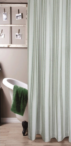 Grain Sack Stripe Sage Shower Curtain has warm ivory tones and sage stripe detail. 