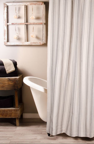 Grain Sack Stripe Pewter-Cream Shower Curtain has cream tones and pewter stripe detail. 