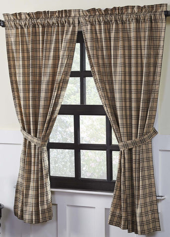 Sawyer Mill Charcoal Plaid Short Panel Set of 2 63x36, The base is a dark tan under a tasteful large scale black plaid. , Primitive Country Farmhouse Window Treatments Curtains Home Decor.
