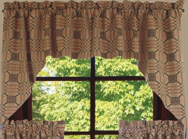 Our Trenton Jacquard Lined Swags are made of cotton and measure 72"x 36". Intricate pattern of black, barn red and nutmeg lends an old world flair. Pair with our full collection of bedding and window items. Dry clean.