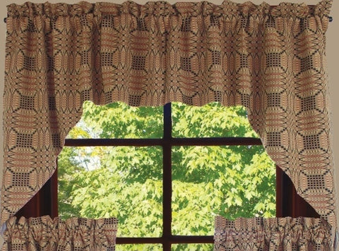 Our Trenton Jacquard Lined Swags are made of cotton and measure 72"x 36". Intricate pattern of black, barn red and nutmeg lends an old world flair. Pair with our full collection of bedding and window items. Dry clean.