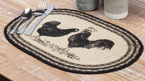 Sawyer Mill Poultry Chicken Jute Placemats Set of 6  rooster and hen, both stenciled in distressed black over ivory and surrounded by concentric braids of black, grey taupe, silver, and ivory. Primitive Country Farmhouse Home Table Kitchen Decor & Accessories.