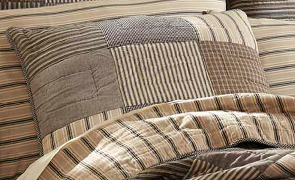 Sawyer Mill Standard Sham farmhouse chic, vintage stripes, micro-checks of crème, tan, black, and grey chambray, Primitive Country Farmhouse Bedding Home Decor & Accessories.