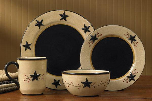 Meals will taste even better when you serve them on Star Vine Dinner Plates! They are hand sponge-painted & feature a crackled wheat background with a bold black center. Embossed black stars accent the border! This classic country pattern fits nicely into any urban, lodge or traditional home decor.