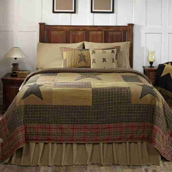 Stratton Twin Quilt 68Wx86L, muted mustard, brown, green and red orange.  Smaller primitive stars and block frame. Primitive Country Farmhouse Bedding Home Decor.