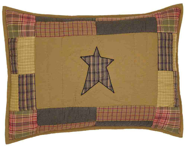 Stratton Standard Sham 21x27, muted mustard, brown, green and red orange. Smaller primitive stars and block frame, Primitive Country Farmhouse Bedding Home Decor.