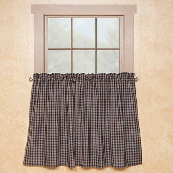 The Sturbridge Navy Tiers are charming & complement any country home decor! Featuring a striking navy & tan homespun plaid, they are both primitive and pretty! Lovely on their own, or pair with a coordinating valance (sold separately) for a more dramatic appeal!  Colors: Darkest Navy & Farmhouse Tan