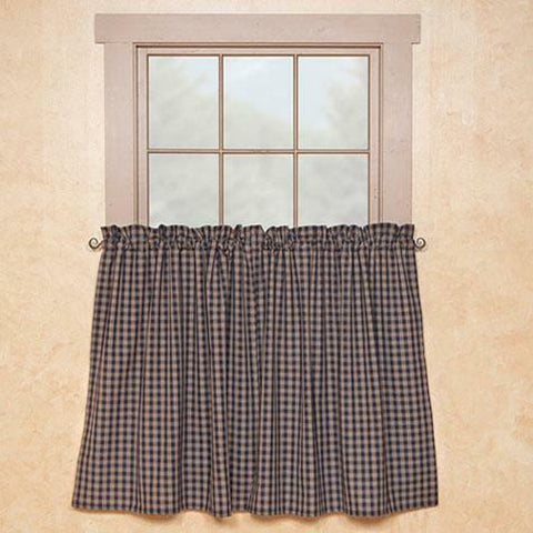 The Sturbridge Navy Tiers are charming & complement any country home decor! Featuring a striking navy & tan homespun plaid, they are both primitive and pretty! Lovely on their own, or pair with a coordinating valance (sold separately) for a more dramatic appeal!  Colors: Darkest Navy & Farmhouse Tan