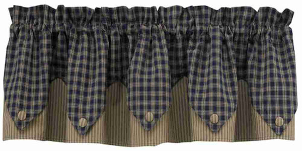Add rustic charm with the Sturbridge Navy Lined Point Valance. Navy & tan check with ticking stripe points, lined cotton design for farmhouse or primitive style.