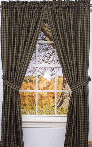 Sturbridge Black Curtain Panels 84 in. LinedThe Sturbridge Panels offer a popular classic country homespun plaid in the traditional black & tan. They come fully lined, giving it a "custom" feel without the hefty price & features matching tiebacks that can be removed to provide total privacy. Perfect on its own, or pair with coordinating valance for a more striking appeal!  Colors: Black & Farmhouse Tan