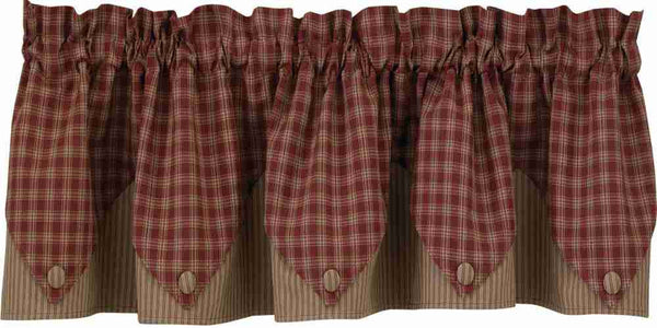 Sturbridge Wine 5 Point Valance, 72x15 cotton plaid in wine and tan with button trim. Lined country window curtain adds rustic farmhouse charm.