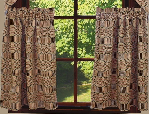 Our Trenton Jacquard Lined Tiers are made of cotton and measure 72"x 36". Intricate pattern of black, barn red and nutmeg lends an old world flair. Pair with our full collection of bedding and window items. Dry clean.