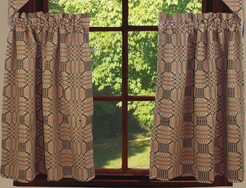 Our Trenton Jacquard Lined Tiers are made of cotton and measure 72"x 36". Intricate pattern of black, barn red and nutmeg lends an old world flair. Pair with our full collection of bedding and window items. Dry clean.