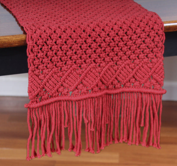 Red Macrame Table Runner 14x45 – Rustic Holiday Accent