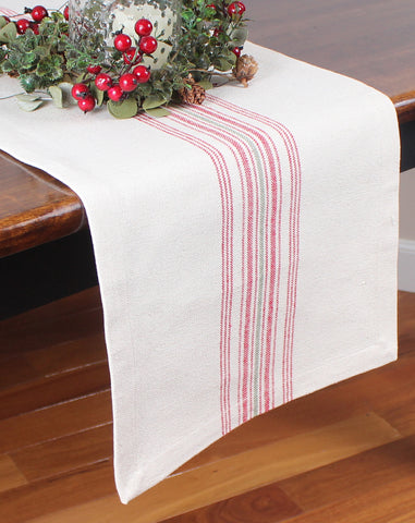 The Holiday Grain Sack table runner features our premium quality red and green 100% cotton grain sack. 