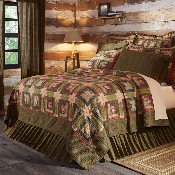 Tea Cabin Luxury King Quilt 120Wx105L, Log cabin blocks in earthy greens, deep red and warm navy with accent 8-point stars in solid tea stain. Primitive Country Farmhouse Quilted Bedding Home Decor.