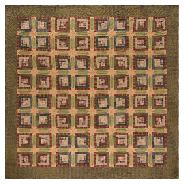 Tea Cabin Queen Quilt 94Wx94L, og cabin blocks in earthy greens, deep red and warm navy with accent 8-point stars in solid tea stain. Primitive Country Farmhouse Bedding Home Decor.