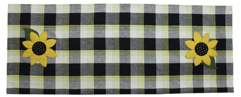 Sunflower Buffalo Check Table Runner features an applique sunflower at both ends on top of buttermilk, black, yellow and green buffalo checks.  Great for Spring or Fall Decor.