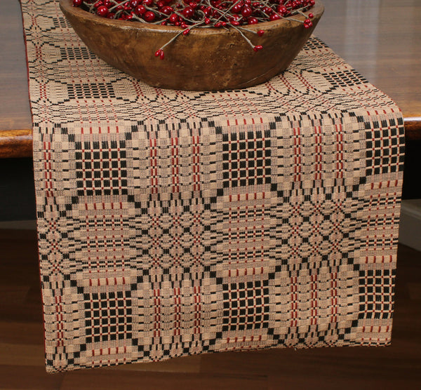 Bring old world style to your table with the Trenton Jacquard Table Runner. Made of 100% cotton and features an intricate pattern of black, barn red and nutmeg. Pair with coordinating placemats and window treatments to complete the look. Measures 14"x 36". Machine wash cold, gentle cycle. Line dry. Do not bleach.
