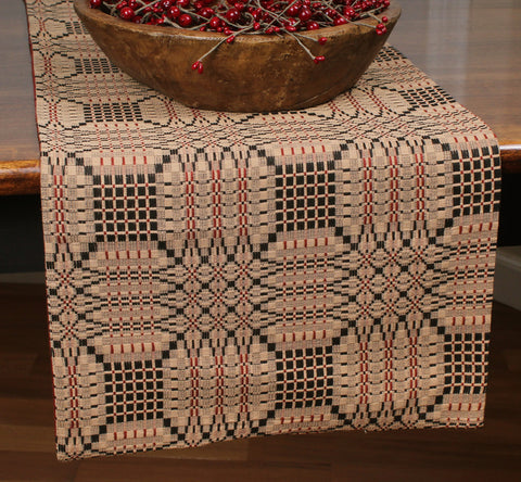 Bring old world style to your table with the Trenton Jacquard Table Runner. Made of 100% cotton and features an intricate pattern of black, barn red and nutmeg. Pair with coordinating placemats and window treatments to complete the look. Measures 14"x 36". Machine wash cold, gentle cycle. Line dry. Do not bleach.
