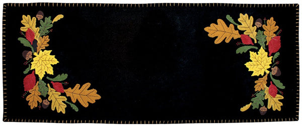 Fall Leaves & Acorns Black Table Runner features various colors of fall leaves on a black background. Perfect for your Fall Decor.