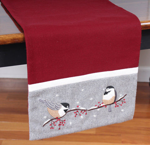 Chickadees Table Runner 14x36 features a charming applique and embroidered design of chickadess on a gray ground with dark red runner and cream accent.