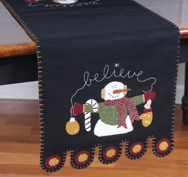Snowman “Believe” Wool-Felt Table Runner – 14" x 36" (Black & Red)