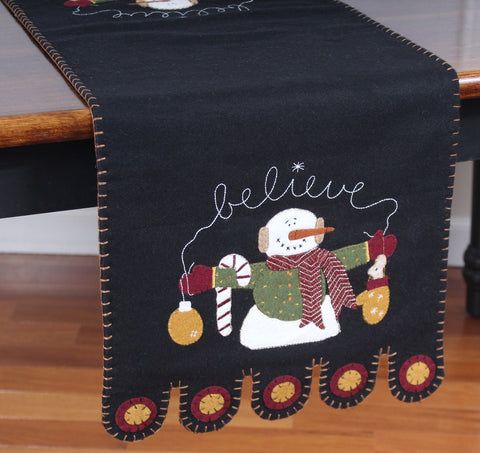Snowman “Believe” Wool-Felt Table Runner – 14" x 36" (Black & Red)